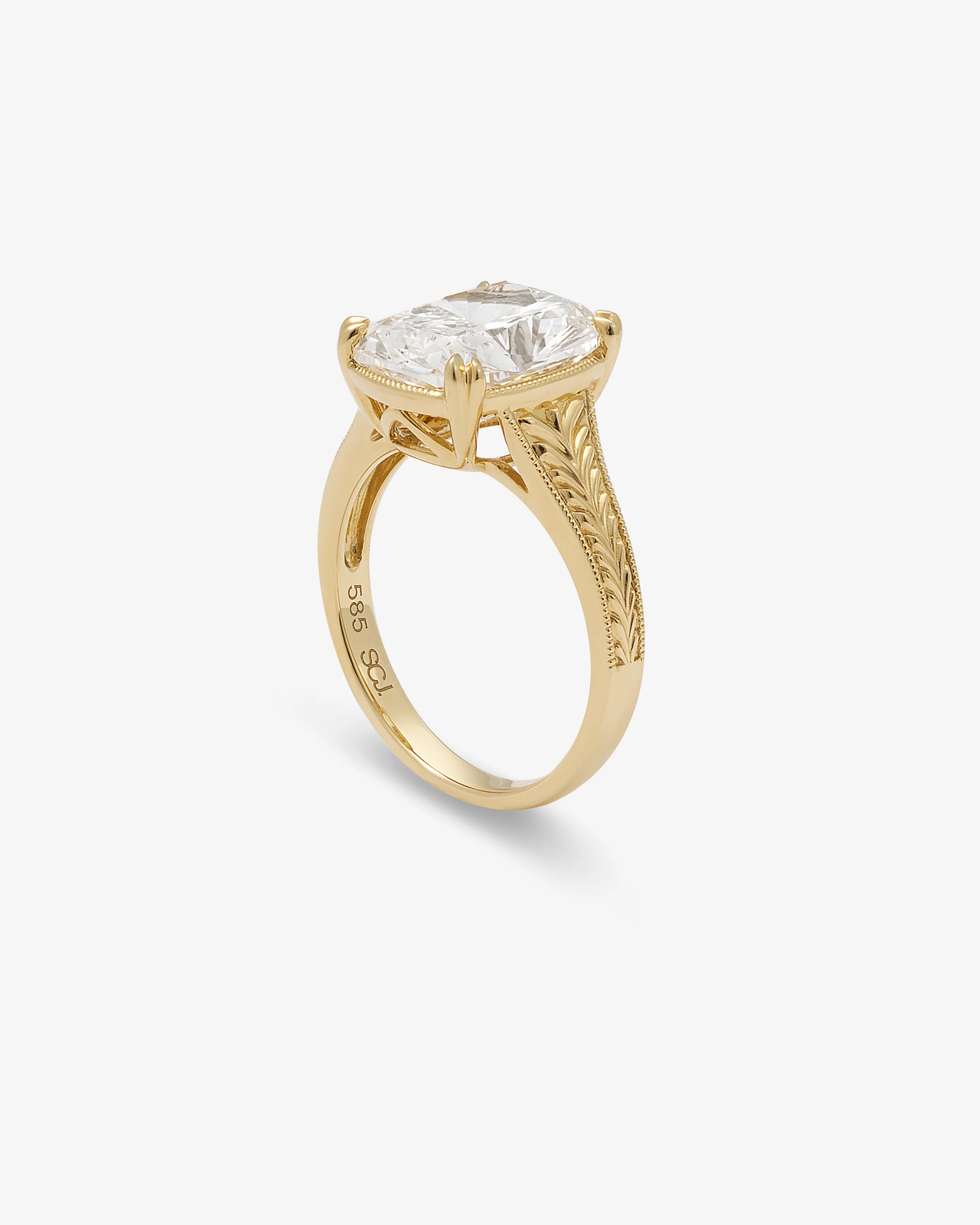 14K Yellow Gold 5ct Elongated Cushion Lab Diamond With Double Claws Milgrain Gallery Rail And Engraved Tapered Shoulders Ring - Image 2