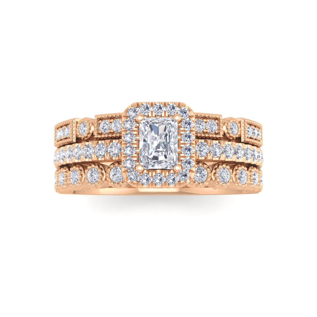 18k Rose Gold 0.33ct Emerald Cut Lab Diamond Halo Bridal Set 0.83tdw