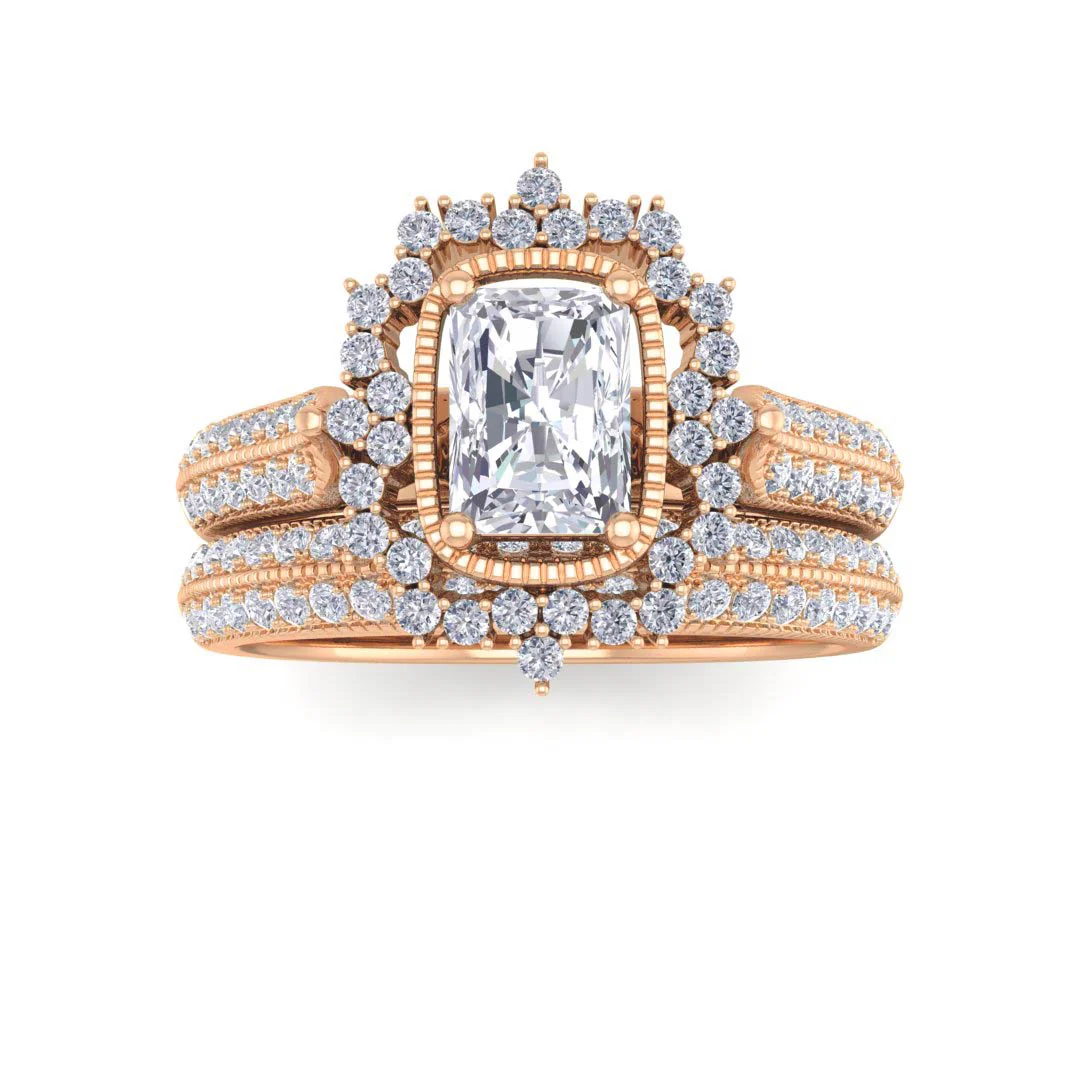 18k Rose Gold 0.33ct Emerald Cut Lab Diamond Vintage Halo Bridal Set 0.83tdw