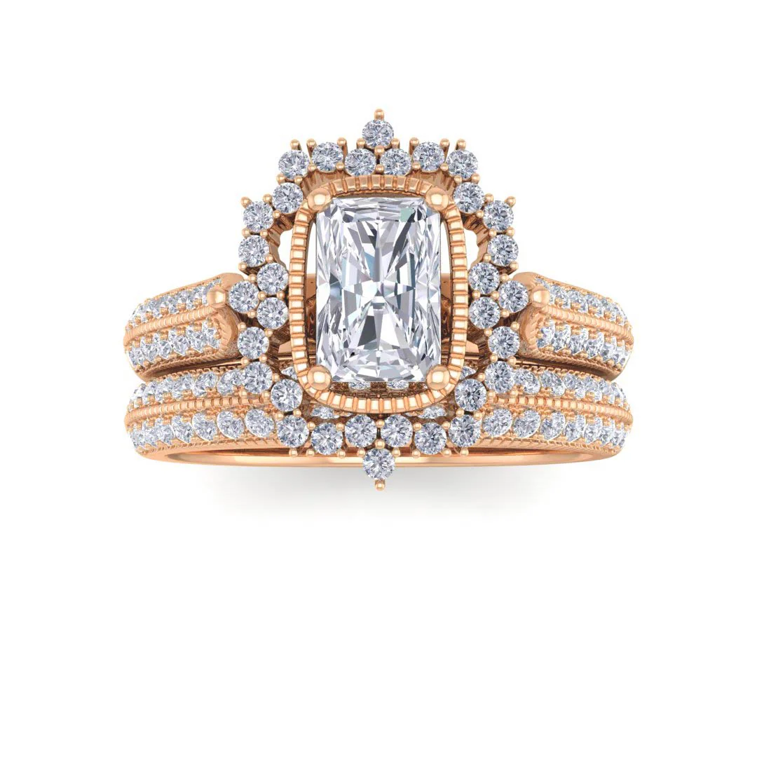 18k Rose Gold 0.5ct Emerald Cut Diamond Vintage Halo Bridal Set 1.0tdw