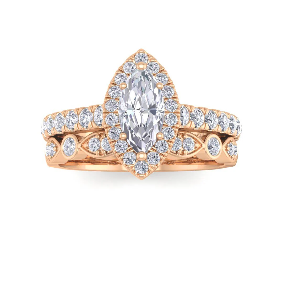 18k Rose Gold 0.5ct Marquise Lab Diamond Halo Bridal Set 1.0tdw