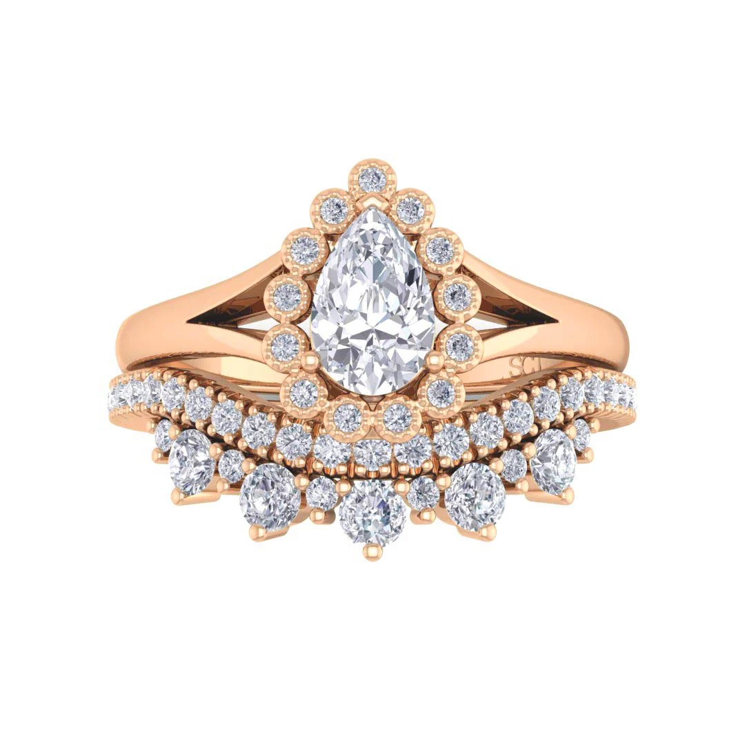 18k Rose Gold 0.5ct Pear Diamond Halo Tiara Bridal Set 0.9tdw