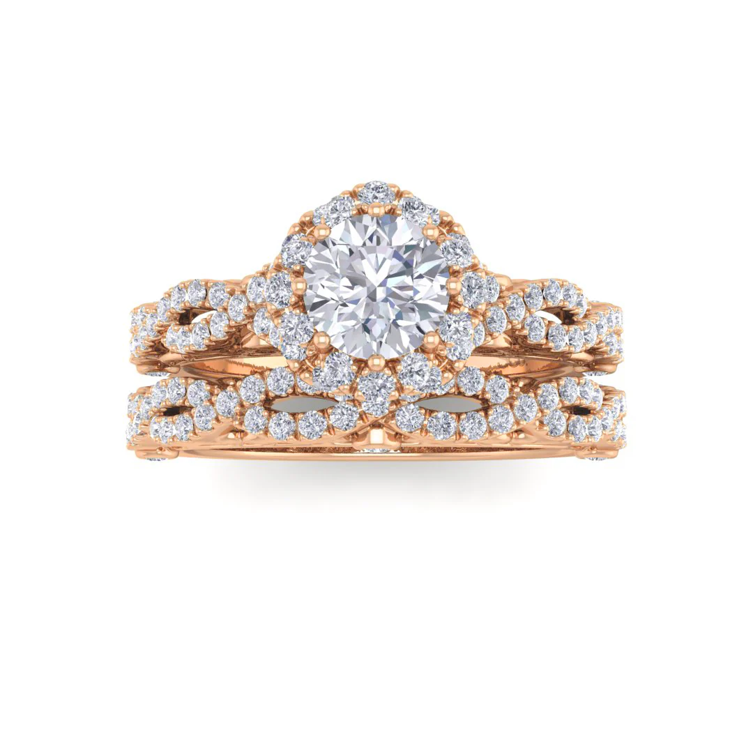 18k Rose Gold 0.5ct Round Brilliant Lab Diamond Flower Halo Bridal Set 1.0tdw