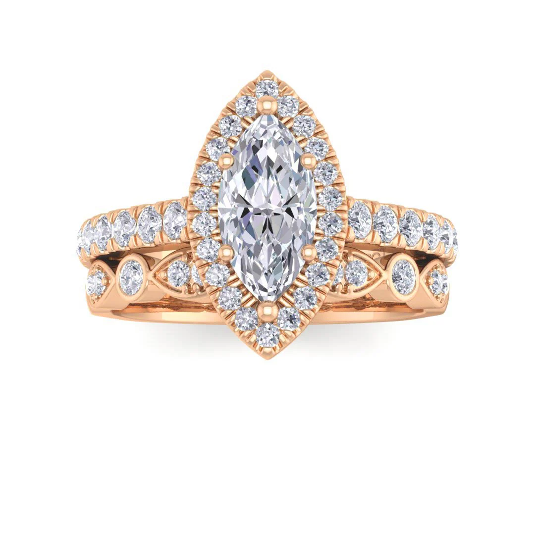 18k Rose Gold 0.75ct Marquise Lab Diamond Halo Bridal Set 1.25tdw