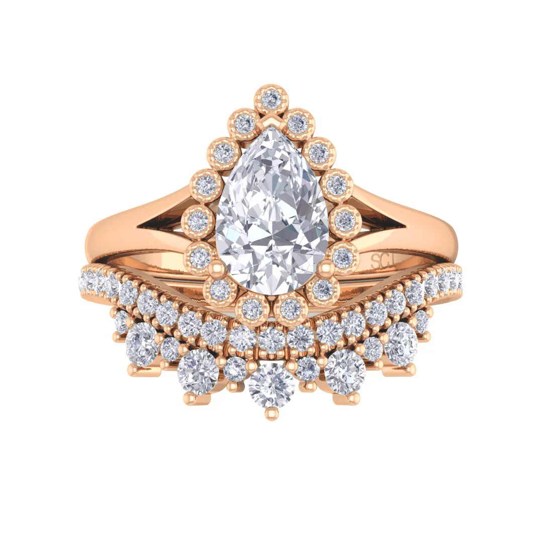 18k Rose Gold 0.75ct Pear Moissanite Halo Tiara Bridal Set 0.4tdw