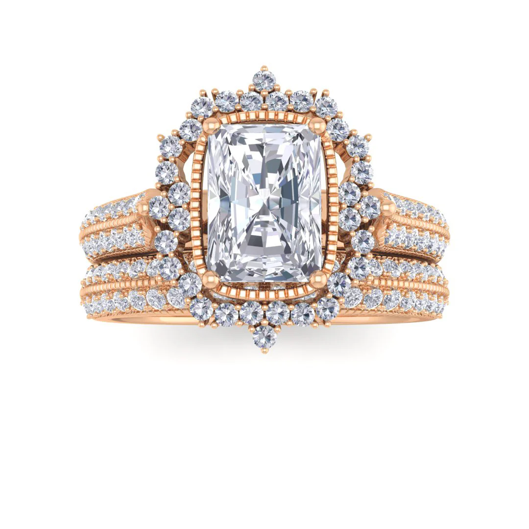 18k Rose Gold 1.0ct Emerald Cut Lab Diamond Vintage Halo Bridal Set 1.5tdw