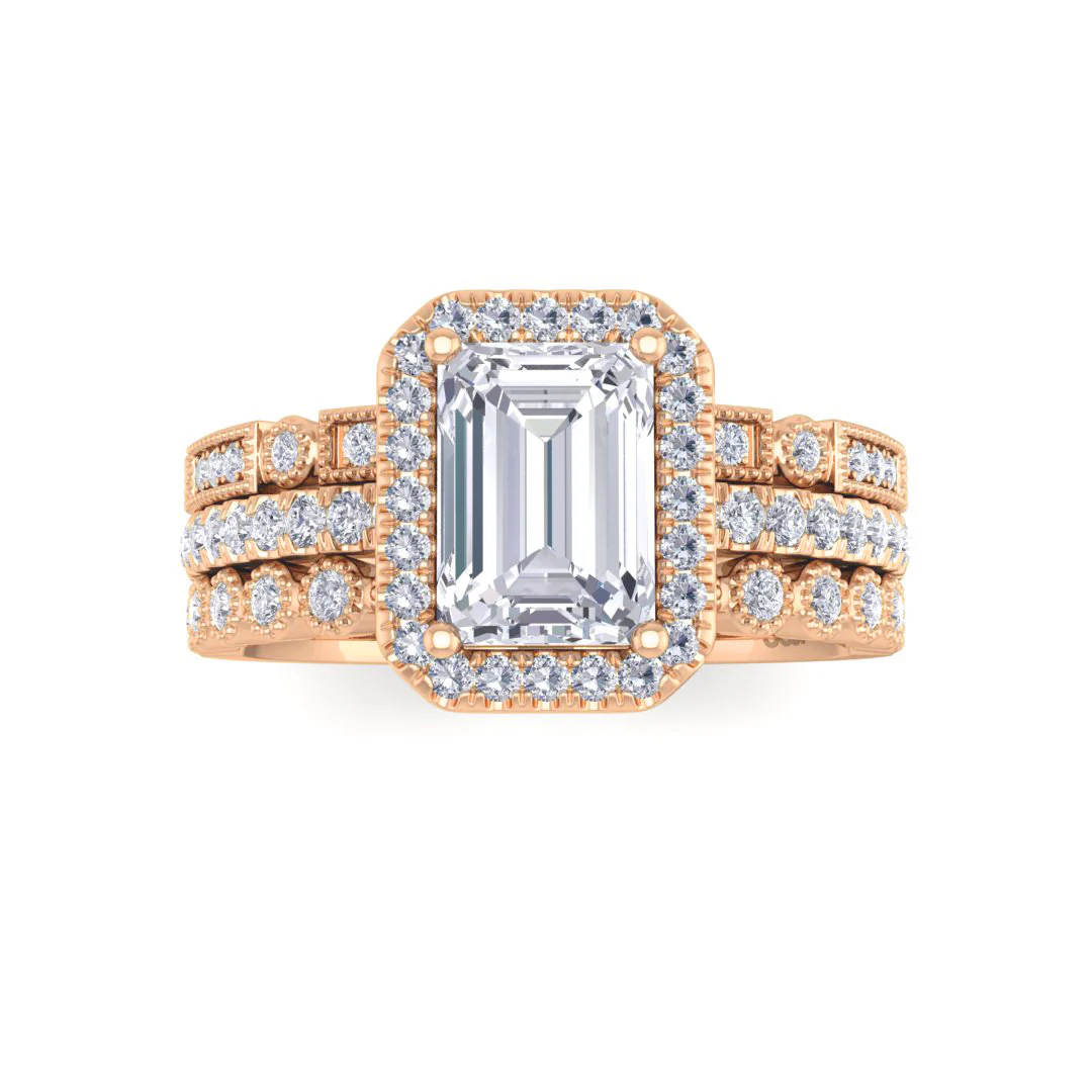 18k Rose Gold 1.0ct Emerald Cut Moissanite Halo Bridal Set 0.5tdw