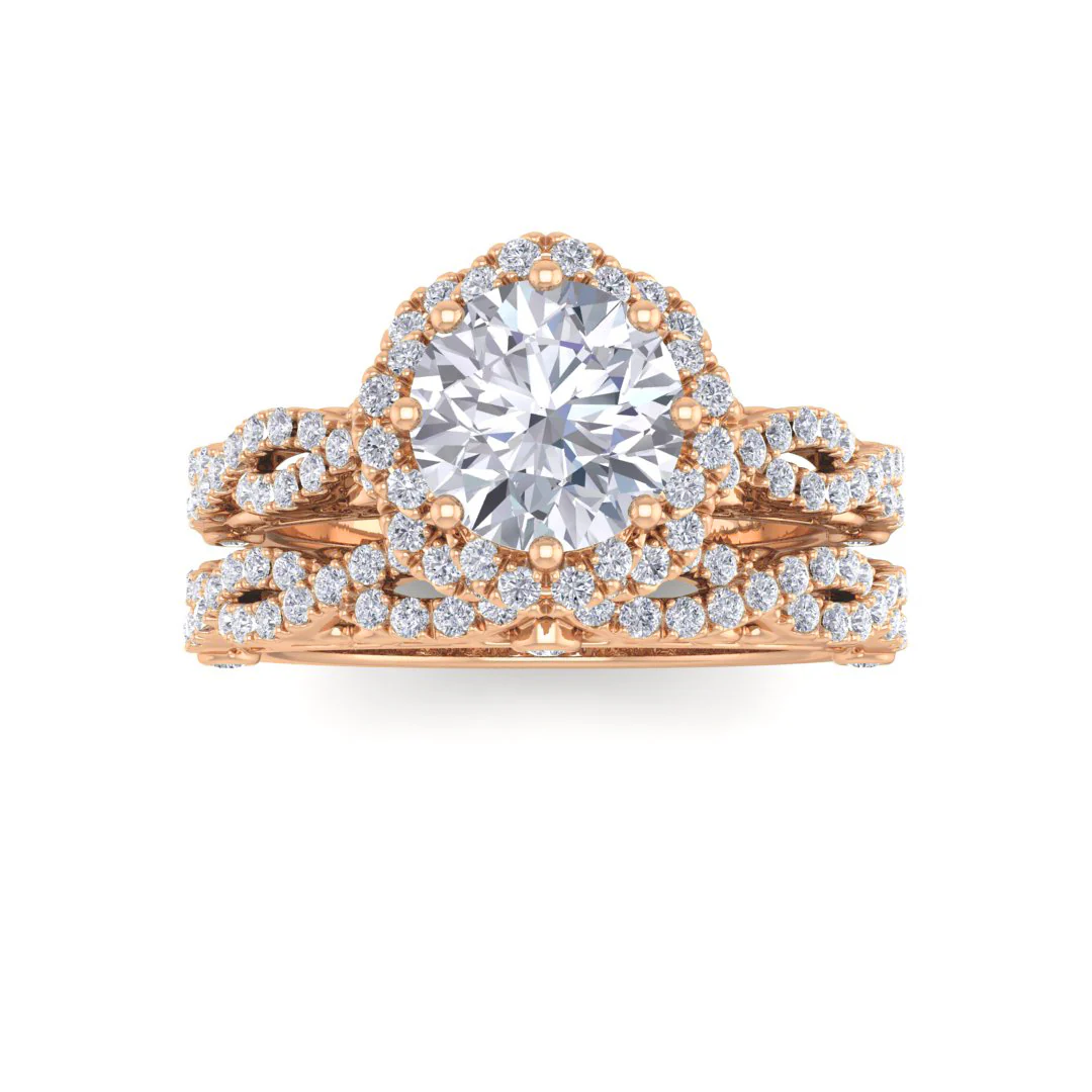18k Rose Gold 1.0ct Round Brilliant Lab Diamond Flower Halo Bridal Set 1.5tdw