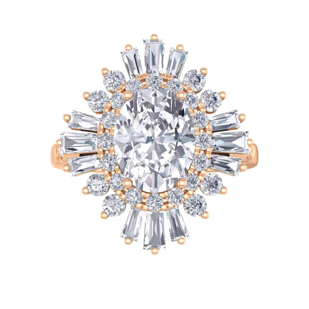 18k Rose Gold 1.5ct Oval Lab Diamond Baguette Starburst Engagement Ring 2.0tdw
