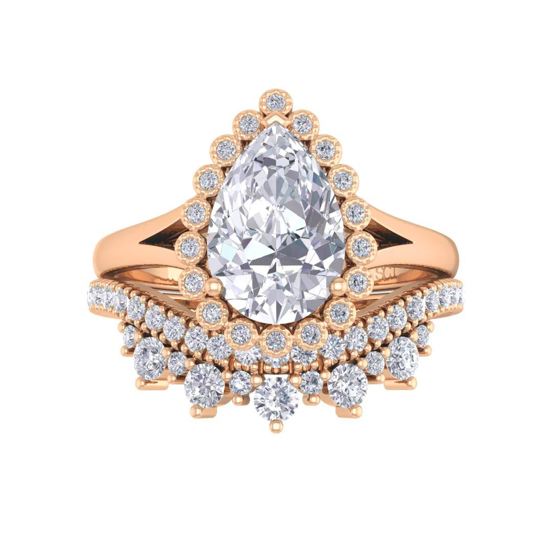 18k Rose Gold 1.5ct Pear Diamond Halo Tiara Bridal Set 1.9tdw