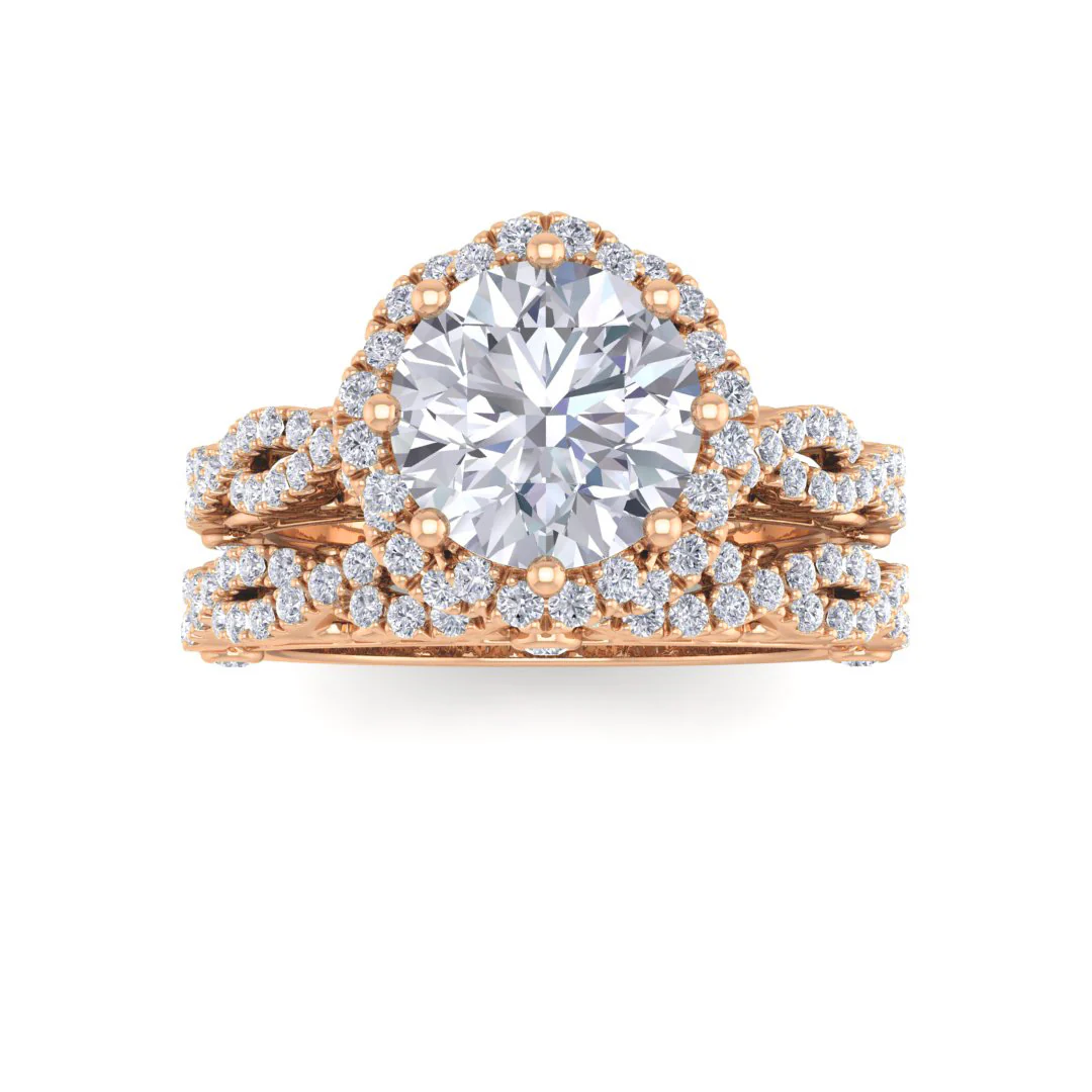 18k Rose Gold 1.5ct Round Brilliant Diamond Flower Halo Bridal Set 2.0tdw