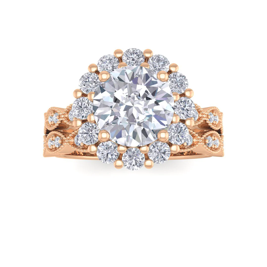 18k Rose Gold 1.5ct Round Brilliant Lab Diamond Halo Bridal Set 2.05tdw