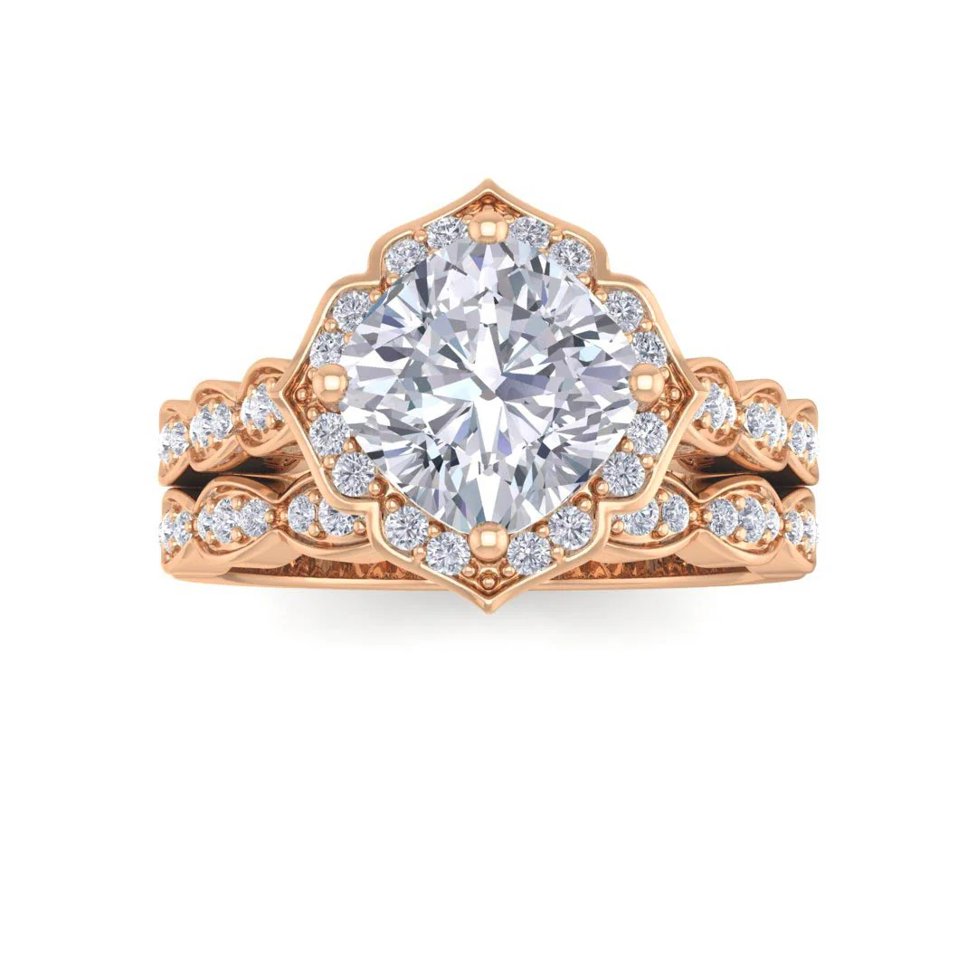 18k Rose Gold 2.0ct Cushion Cut Lab Diamond Halo Vintage Inspired Bridal Set 2.3tdw