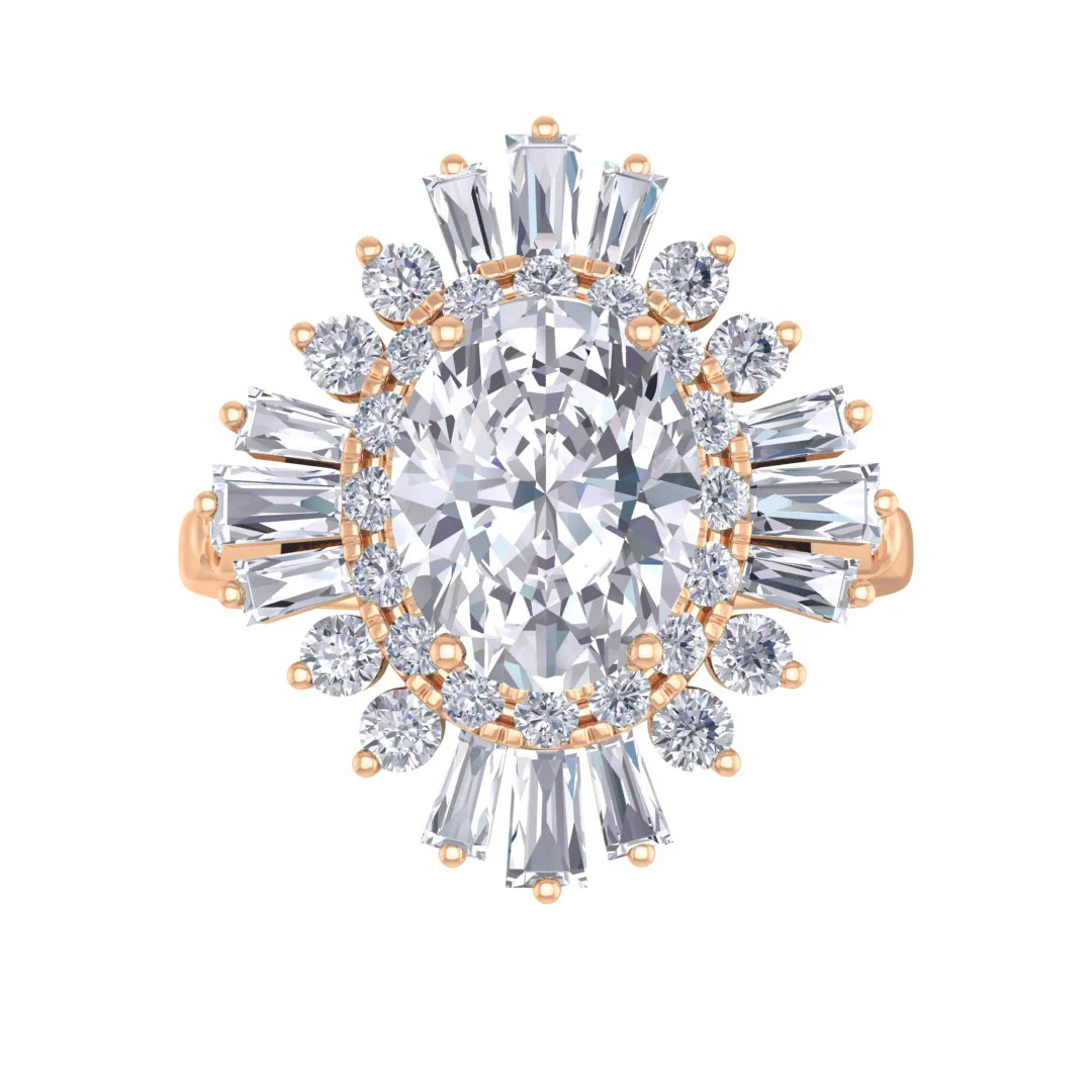 18k Rose Gold 2.0ct Oval Diamond Baguette Starburst Engagement Ring 2.5tdw