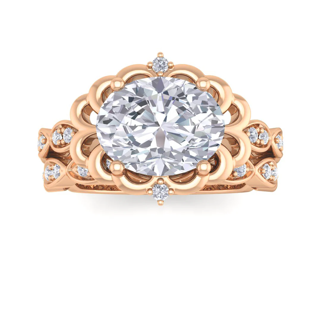 18k Rose Gold 2.0ct Oval Moissanite Filigree Halo Bridal Set 0.2tdw