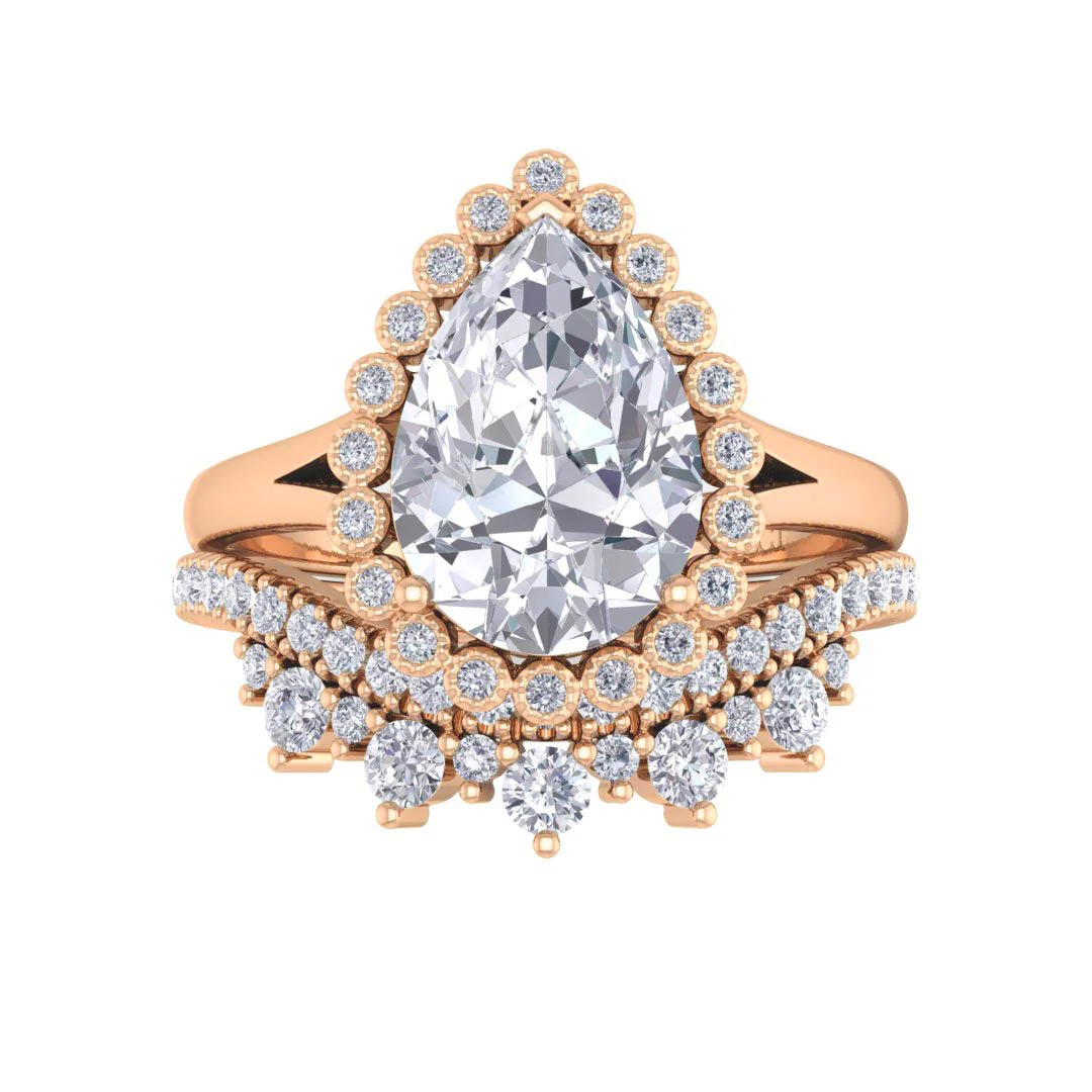 18k Rose Gold 2.0ct Pear Diamond Halo Tiara Bridal Set 2.4tdw