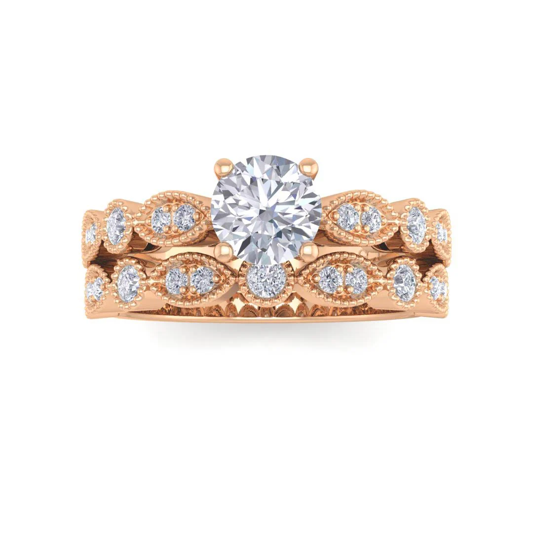 18K Rose Gold Round Brilliant Moissanite and Diamond Milgrain Bridal Set 0.25tdw 0.5ct Moissanite