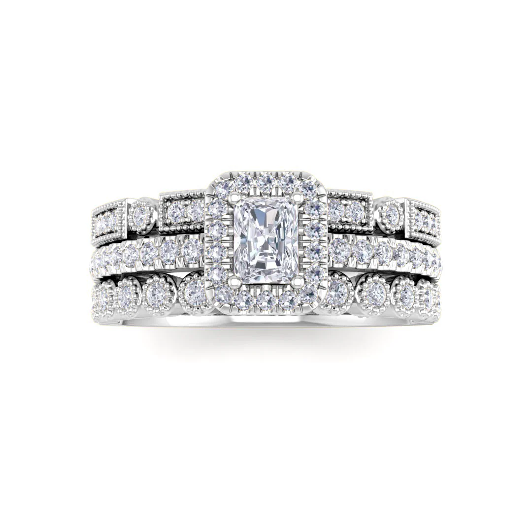18k White Gold 0.33ct Emerald Cut Diamond Halo Bridal Set 0.83tdw