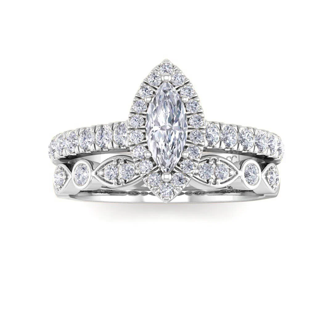 18k White Gold 0.33ct Marquise Moissanite Halo Bridal Set 0.5tdw