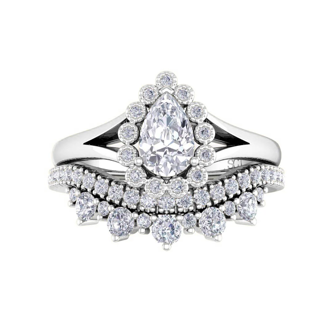 18k White Gold 0.5ct Pear Moissanite Halo Tiara Bridal Set 0.4tdw