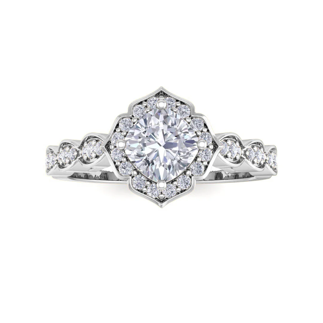 18k White Gold 0.75ct Cushion Cut Moissanite Halo Vintage Inspired Bridal Set 0.3tdw