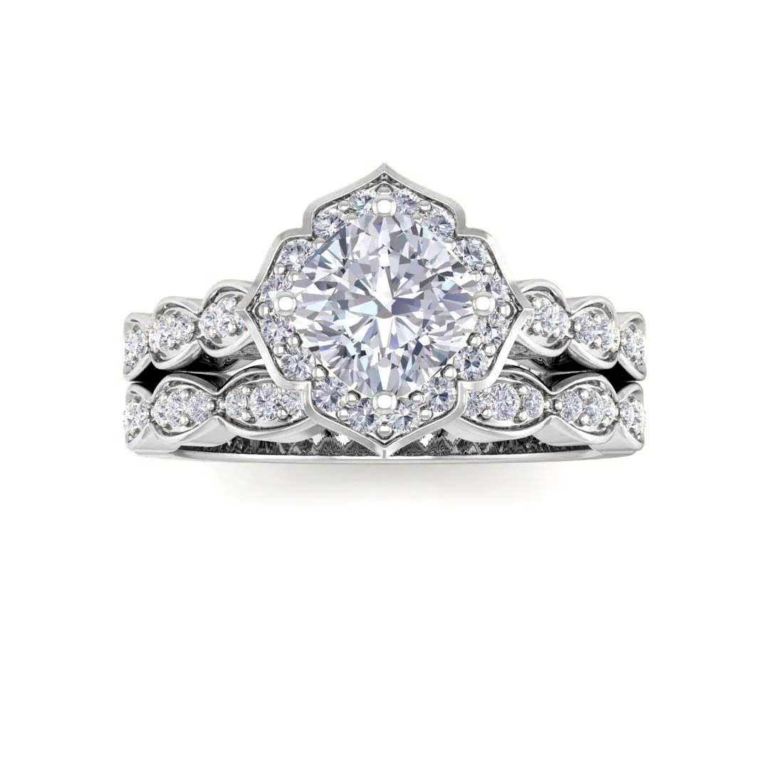 18k White Gold 1.0ct Cushion Cut Lab Diamond Halo Vintage Inspired Bridal Set 1.3tdw