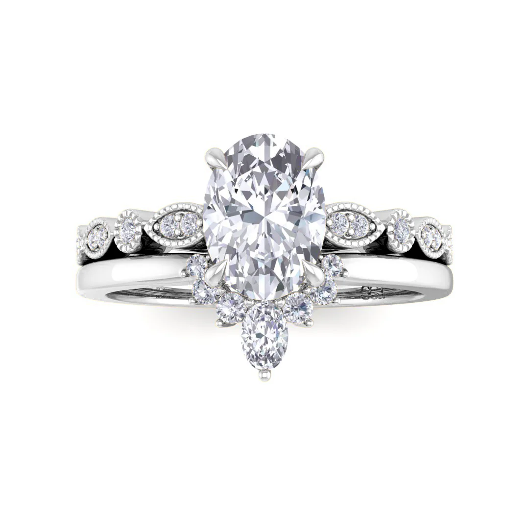 18k White Gold 1.0ct Oval Diamond Tiara Bridal Set 1.17tdw