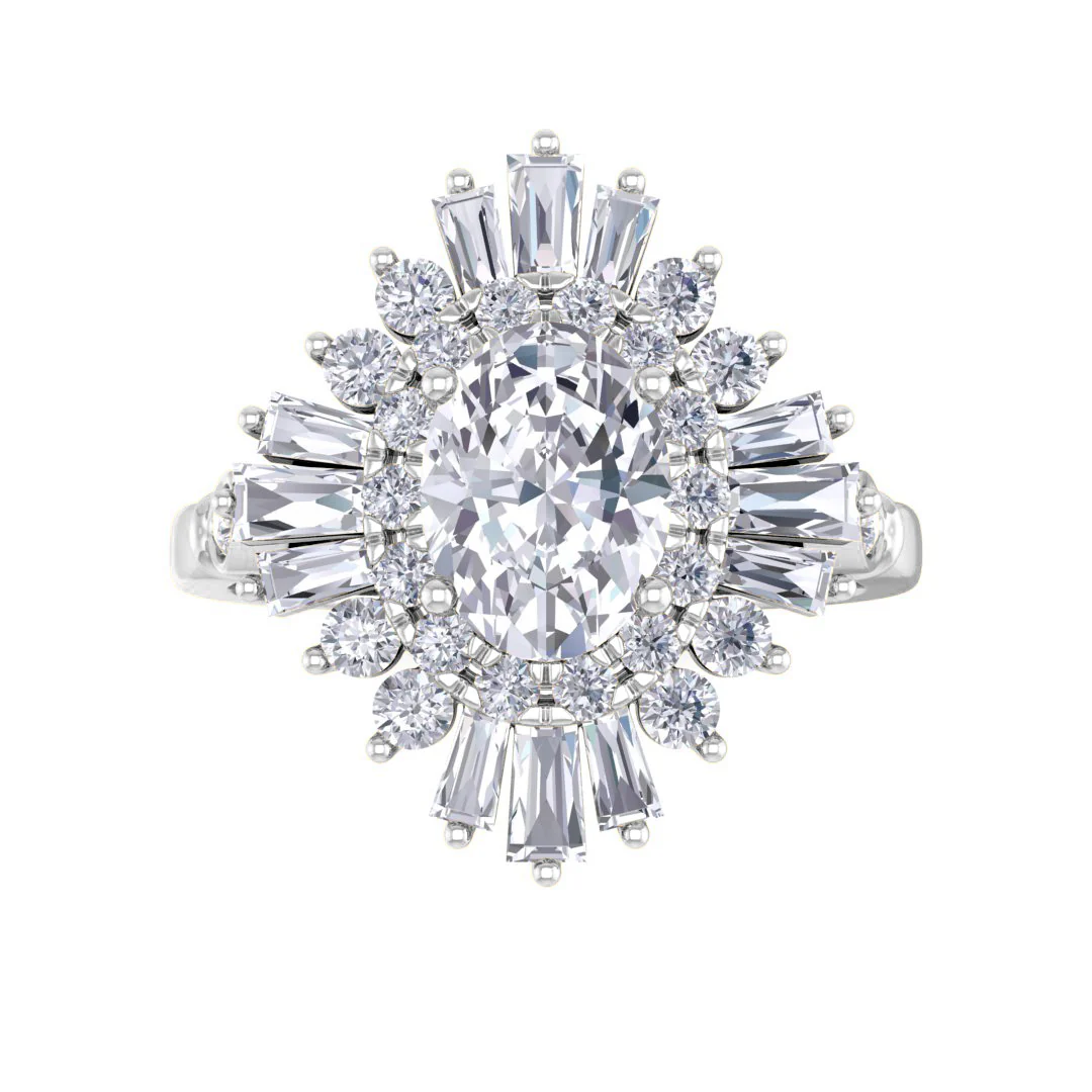 18k White Gold 1.0ct Oval Lab Diamond Baguette Starburst Engagement Ring 1.5tdw