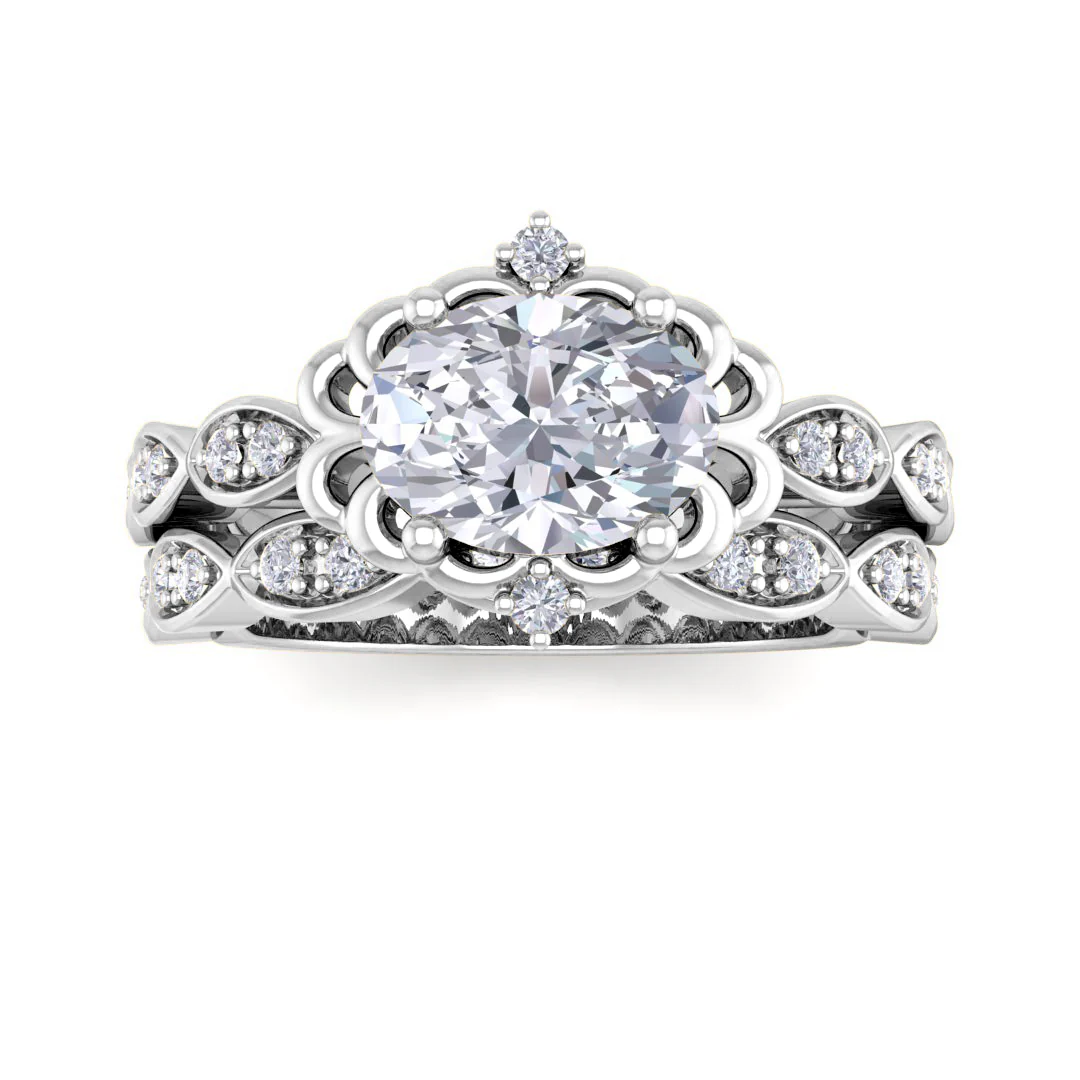 18k White Gold 1.0ct Oval Moissanite Filigree Halo Bridal Set 0.2tdw