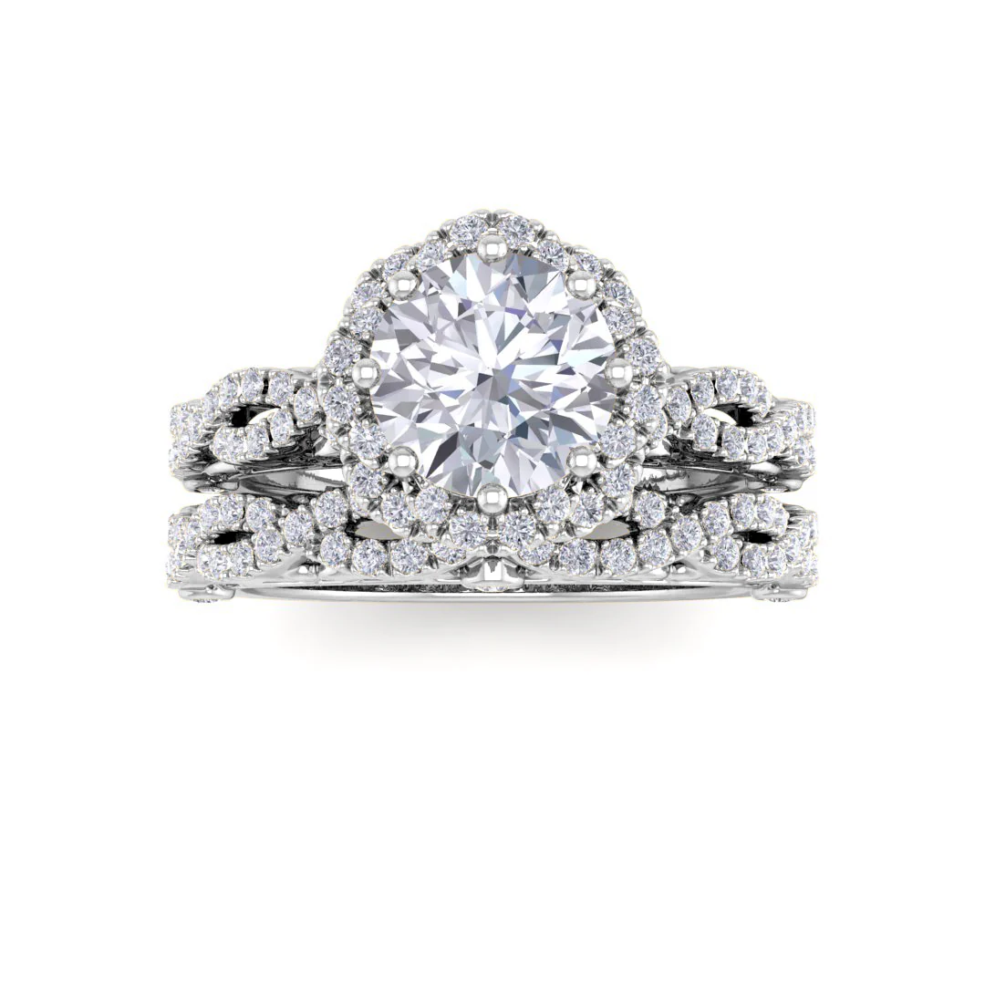 18k White Gold 1.0ct Round Brilliant Diamond Flower Halo Bridal Set 1.5tdw