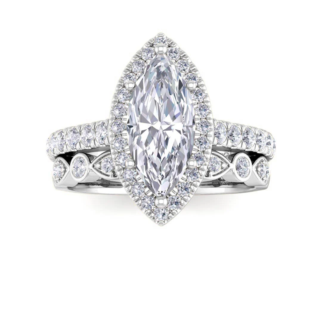 18k White Gold 1.5ct Marquise Lab Diamond Halo Bridal Set 2.0tdw