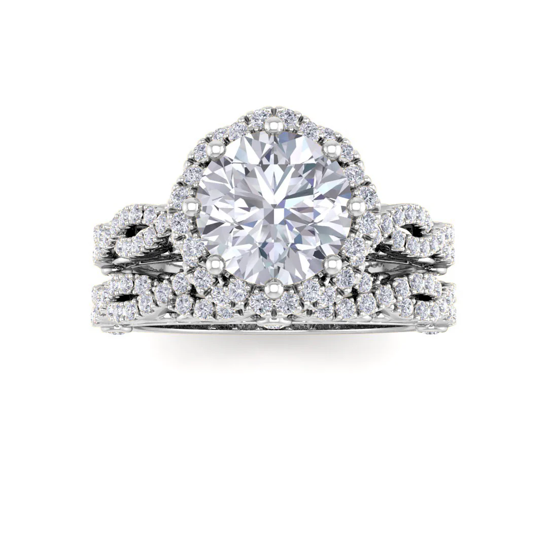 18k White Gold 1.5ct Round Brilliant Lab Diamond Flower Halo Bridal Set 2.0tdw