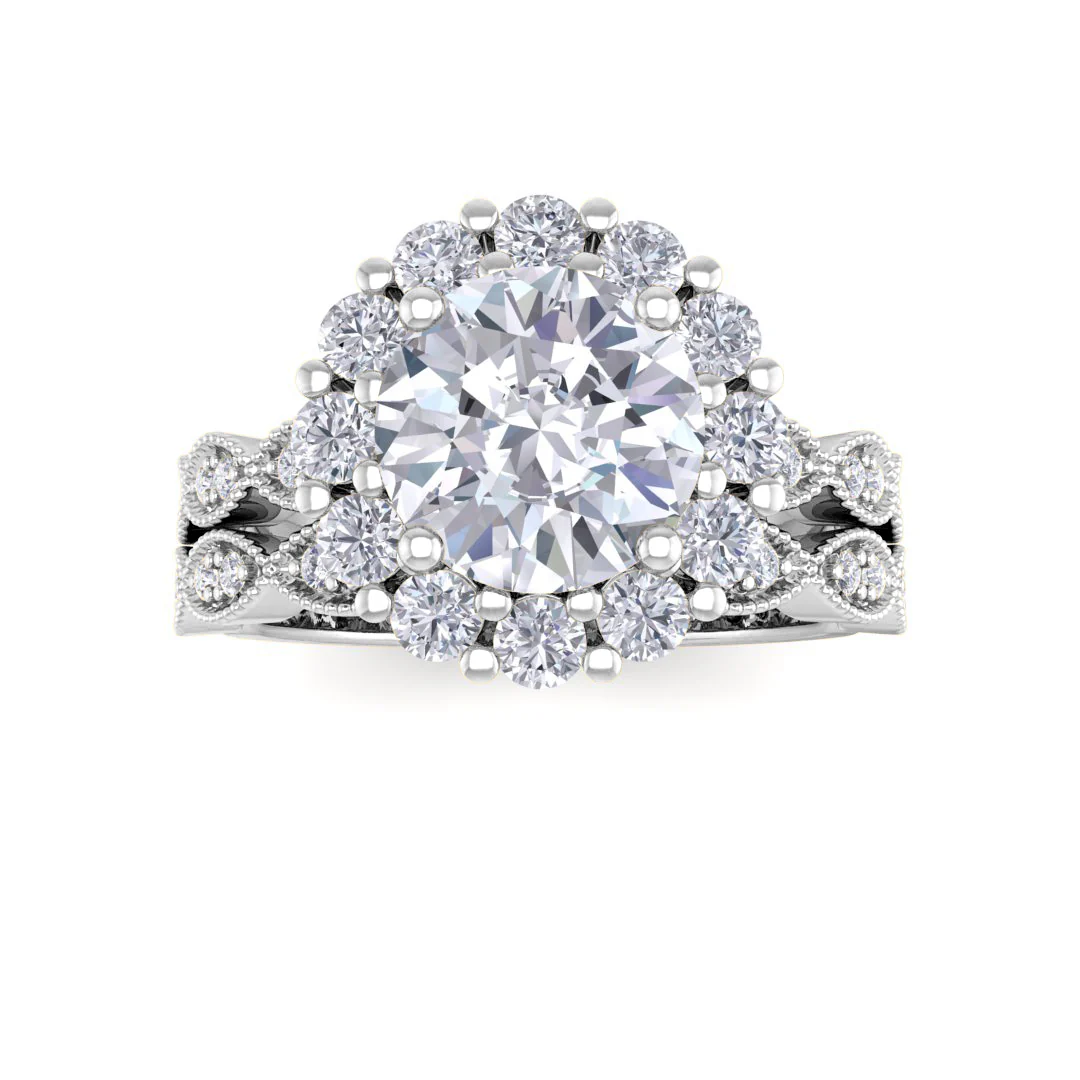 18k White Gold 1.5ct Round Brilliant Moissanite Halo Bridal Set 0.55tdw