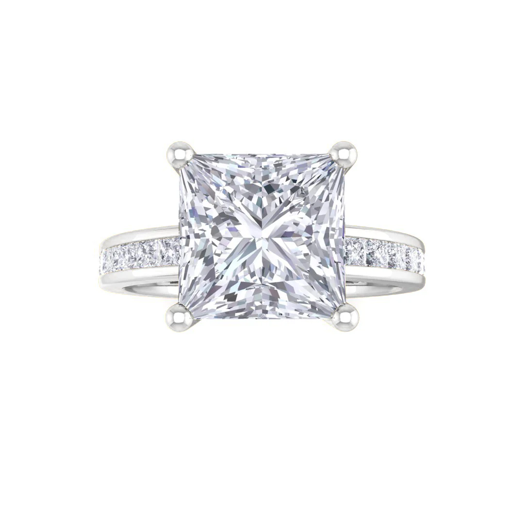 18k White Gold 2.0ct Princess Cut Moissanite Solitaire with Shoulder Accents Engagement Ring 0.5tdw