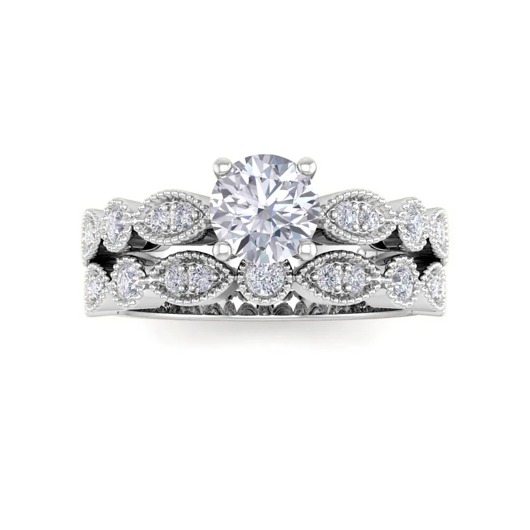 18K White Gold Round Brilliant Moissanite and Diamond Milgrain Bridal Set 0.25tdw 0.5ct Moissanite