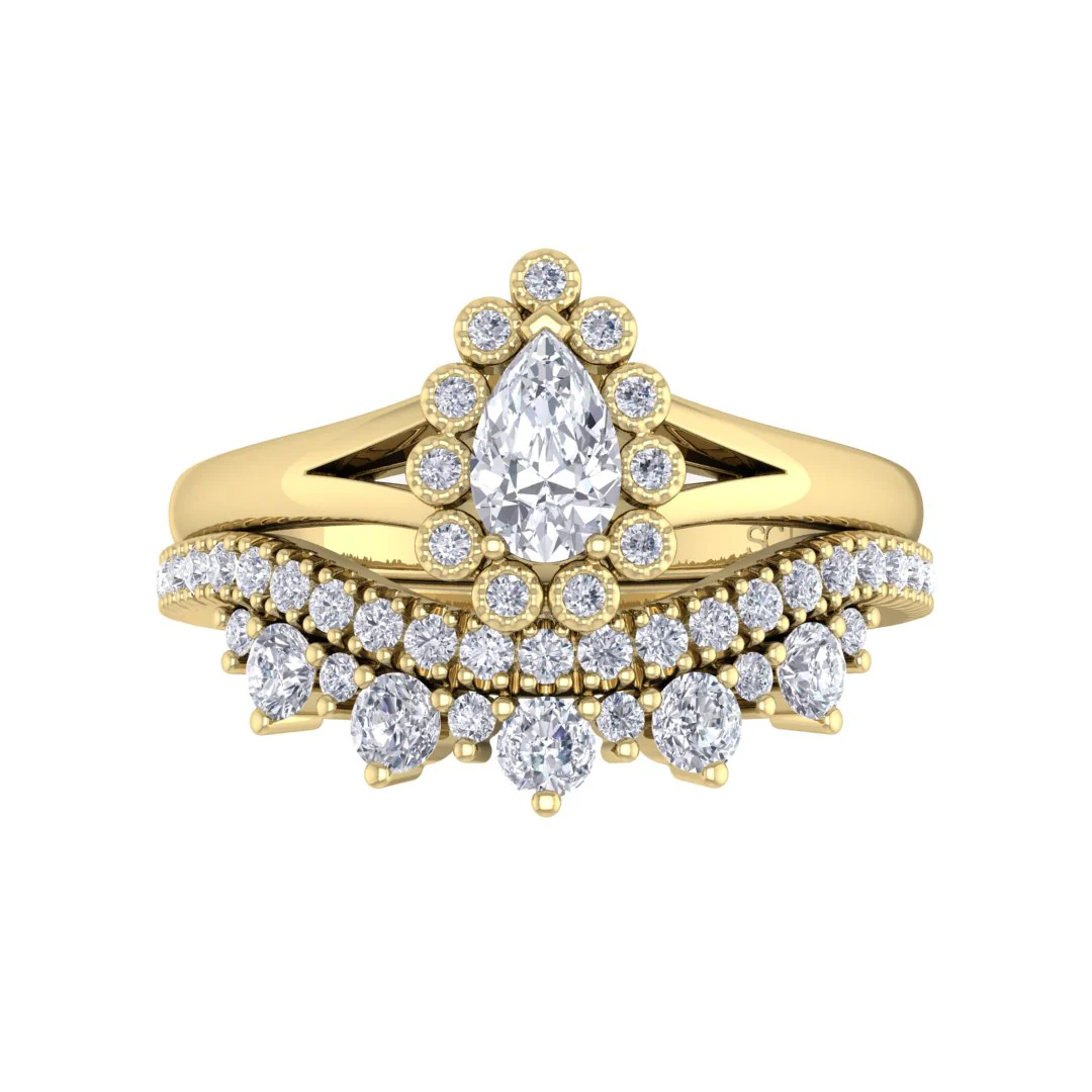 18k Yellow Gold 0.33ct Pear Moissanite Halo Tiara Bridal Set 0.4tdw