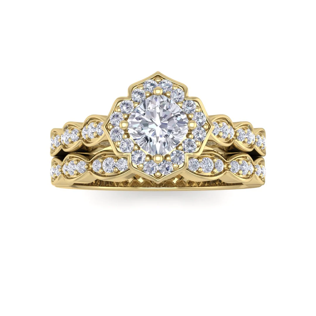 18k Yellow Gold 0.5ct Cushion Cut Diamond Halo Vintage Inspired Bridal Set 0.8tdw