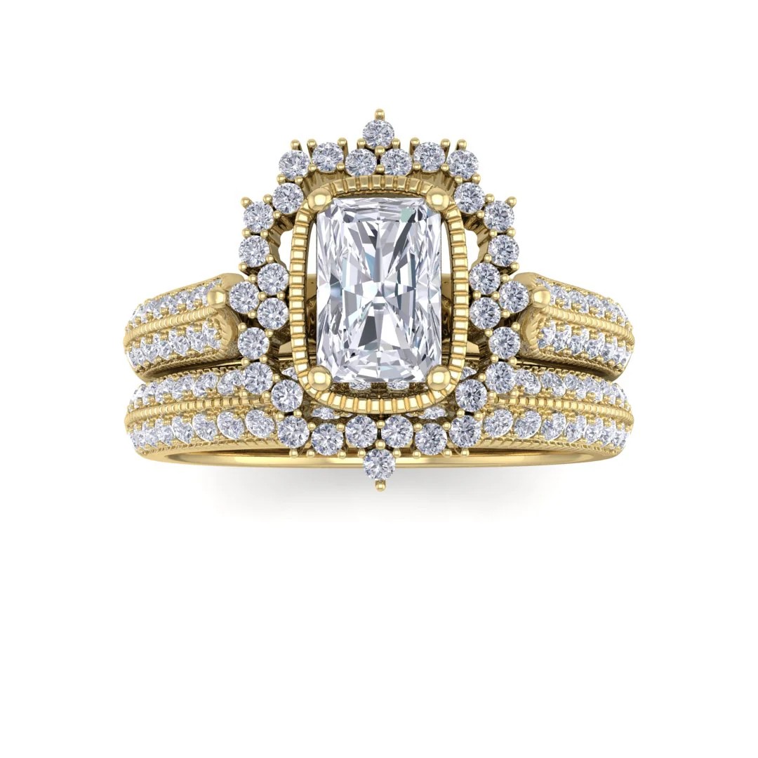 18k Yellow Gold 0.5ct Emerald Cut Lab Diamond Vintage Halo Bridal Set 1.0tdw