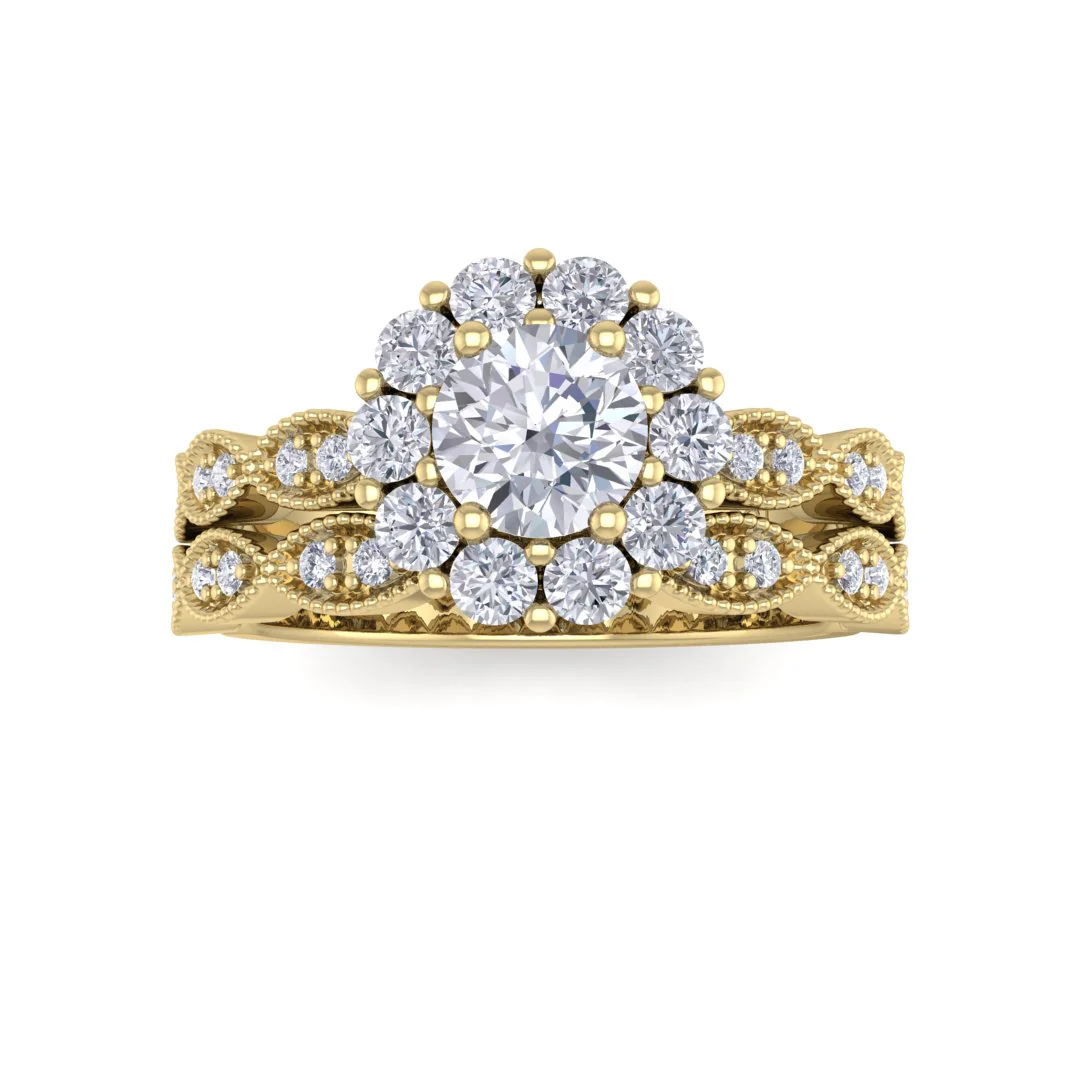18k Yellow Gold 0.5ct Round Brilliant Lab Diamond Halo Bridal Set 1.05tdw