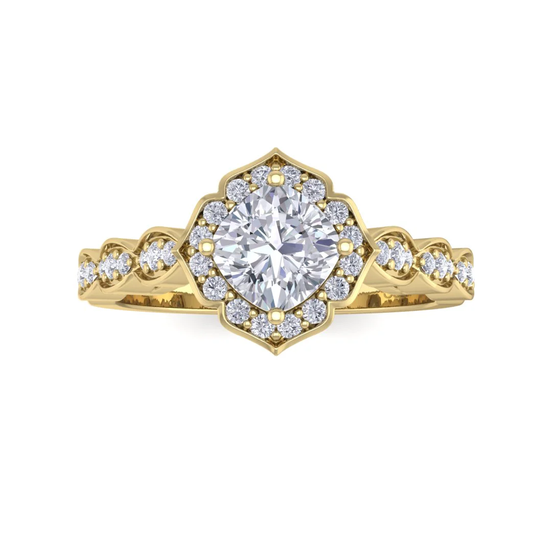 18k Yellow Gold 0.75ct Cushion Cut Moissanite Halo Vintage Inspired Bridal Set 0.3tdw
