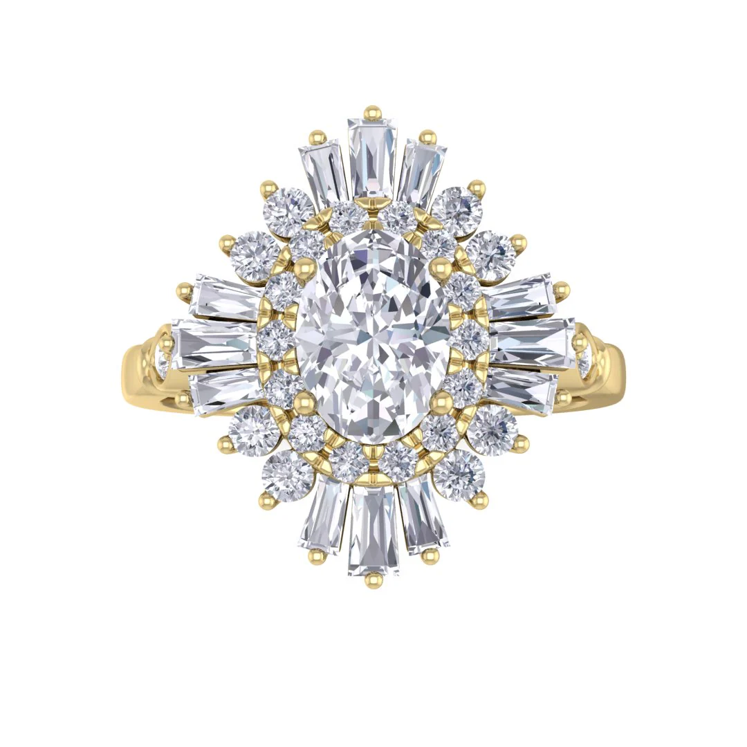 18k Yellow Gold 0.75ct Oval Moissanite Baguette Starburst Engagement Ring 0.5tdw