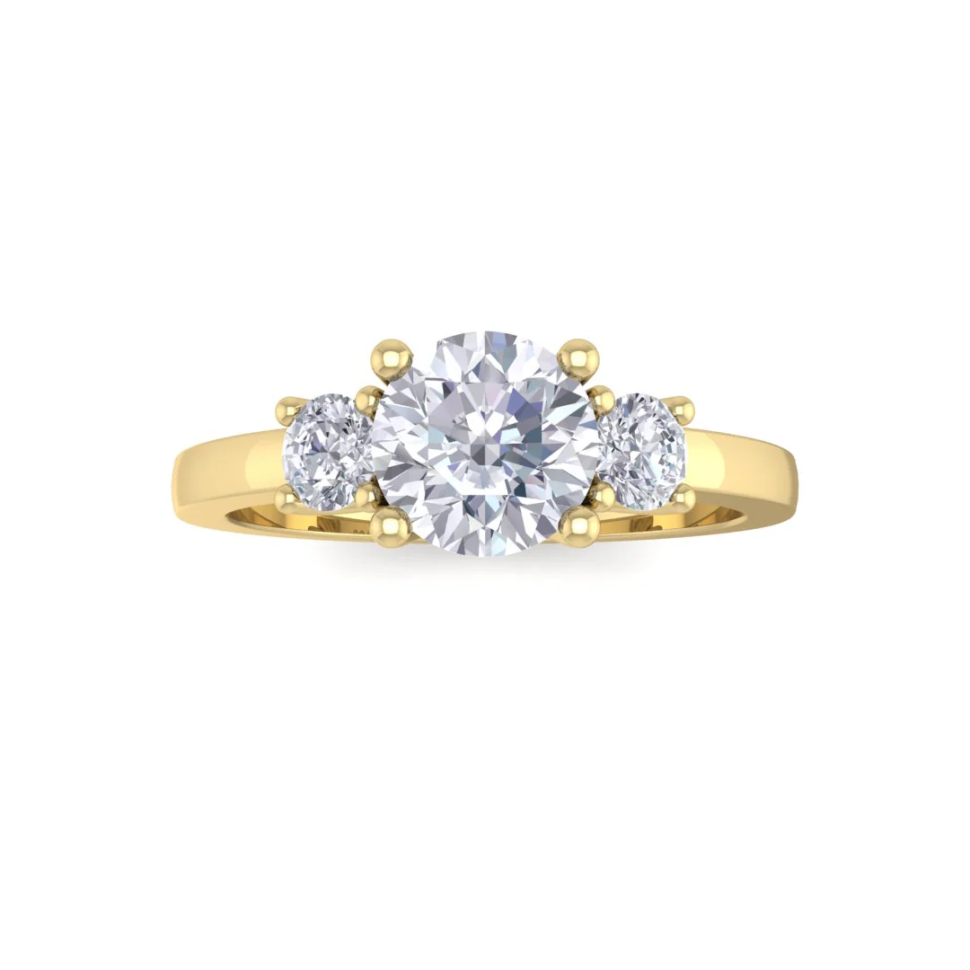 18k Yellow Gold 0.75ct Round Brilliant Moissanite Trilogy Engagement Ring 0.25tdw