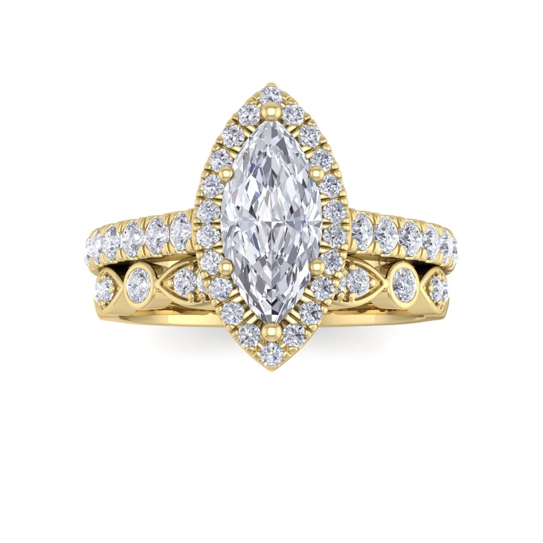 18k Yellow Gold 1.0ct Marquise Lab Diamond Halo Bridal Set 1.5tdw