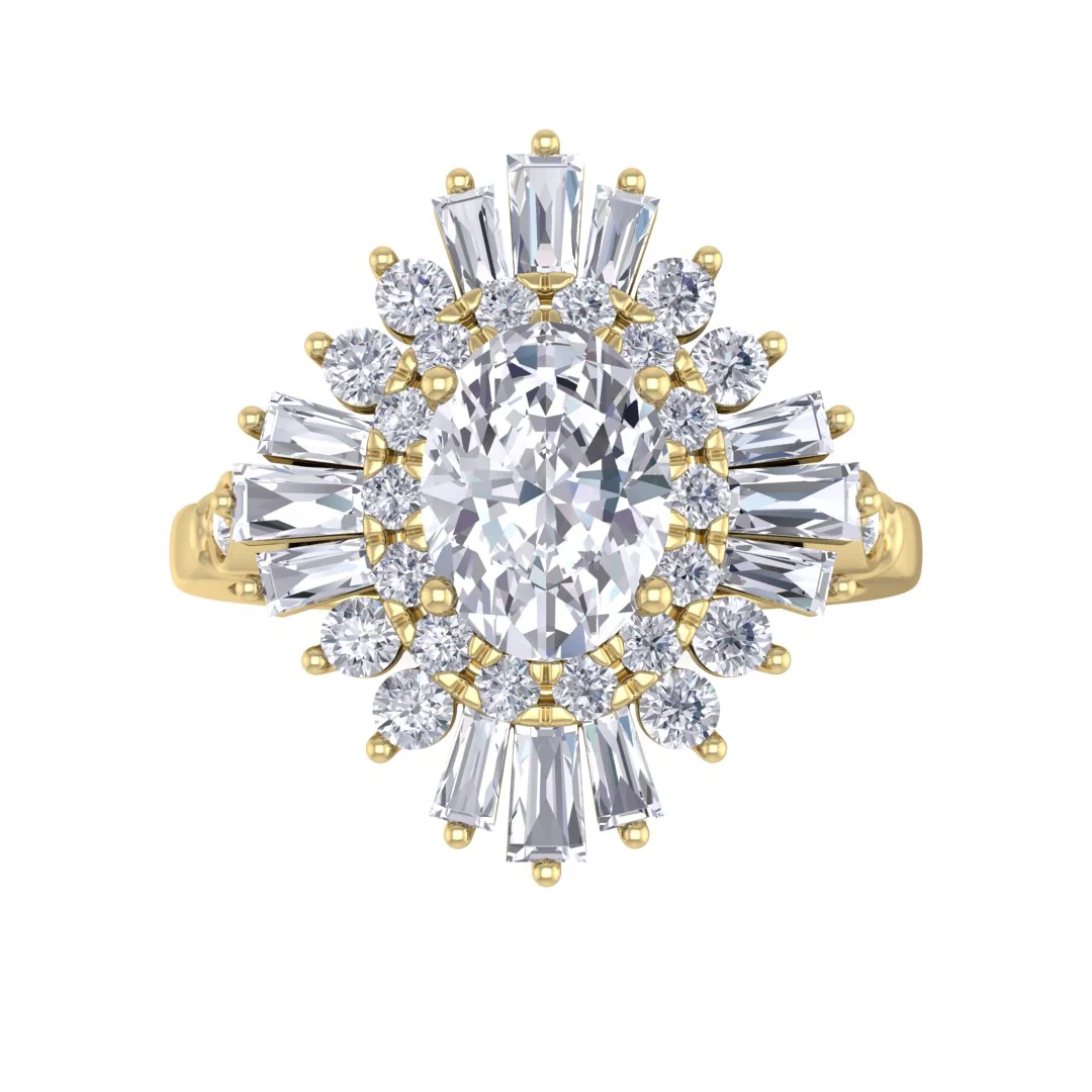 18k Yellow Gold 1.0ct Oval Lab Diamond Baguette Starburst Engagement Ring 1.5tdw