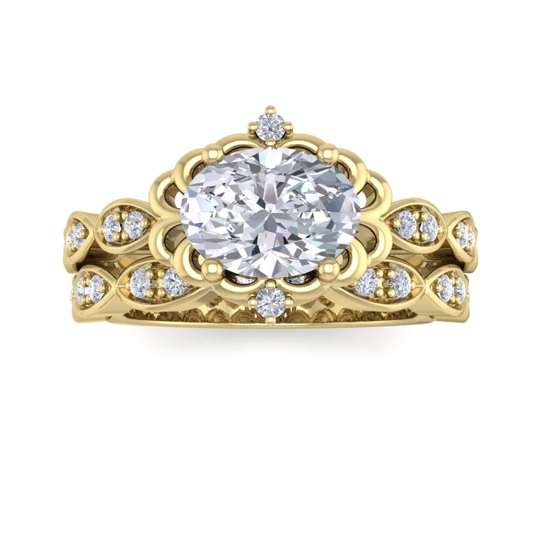 18k Yellow Gold 1.0ct Oval Lab Diamond Filigree Halo Bridal Set 1.2tdw