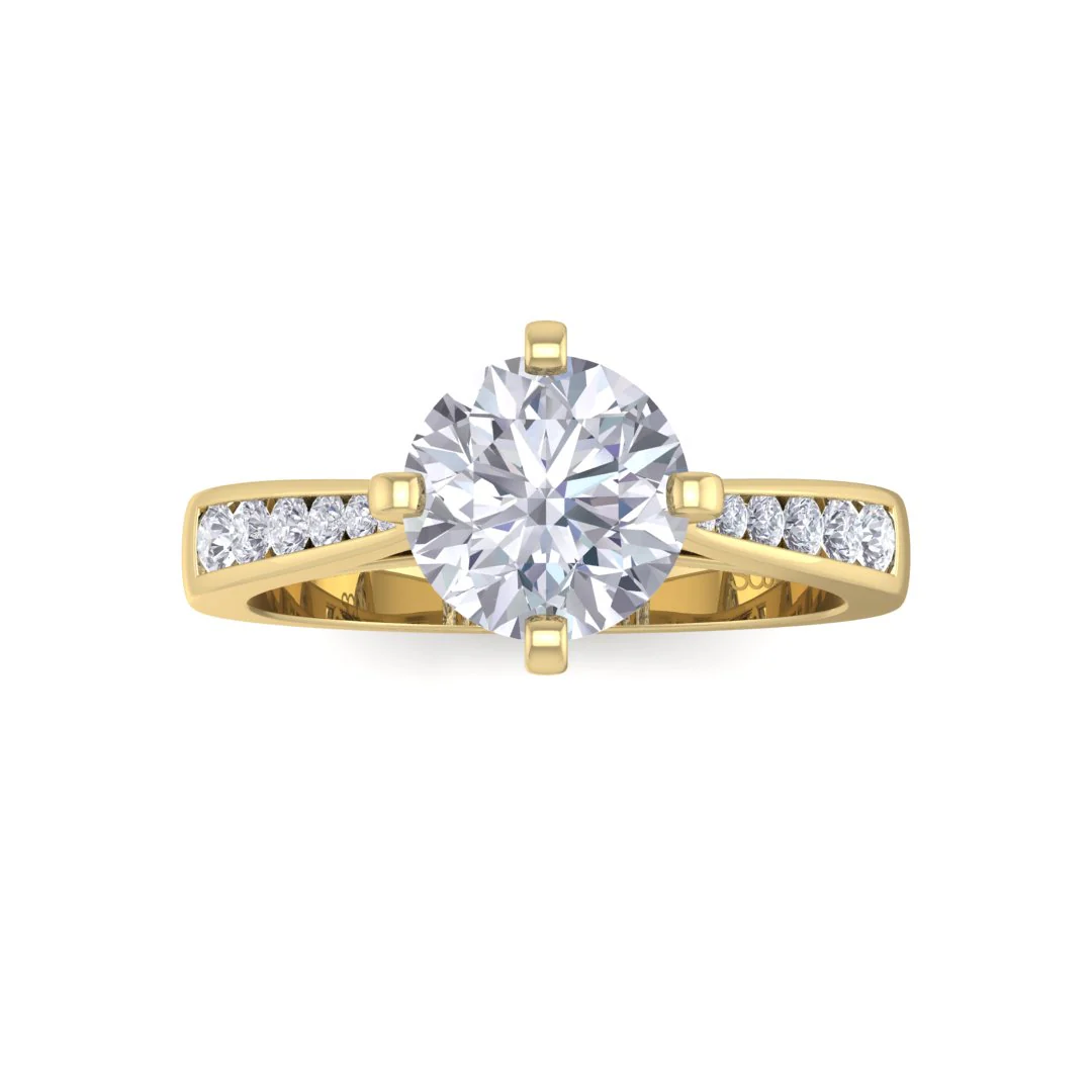 18k Yellow Gold 1.0ct Round Brilliant Moissanite Solitaire With Channel Shoulders Engagement Ring 0.2tdw