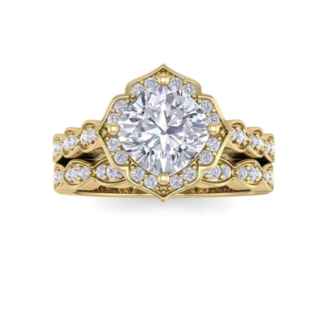 18k Yellow Gold 1.5ct Cushion Cut Moissanite Halo Vintage Inspired Bridal Set 0.3tdw