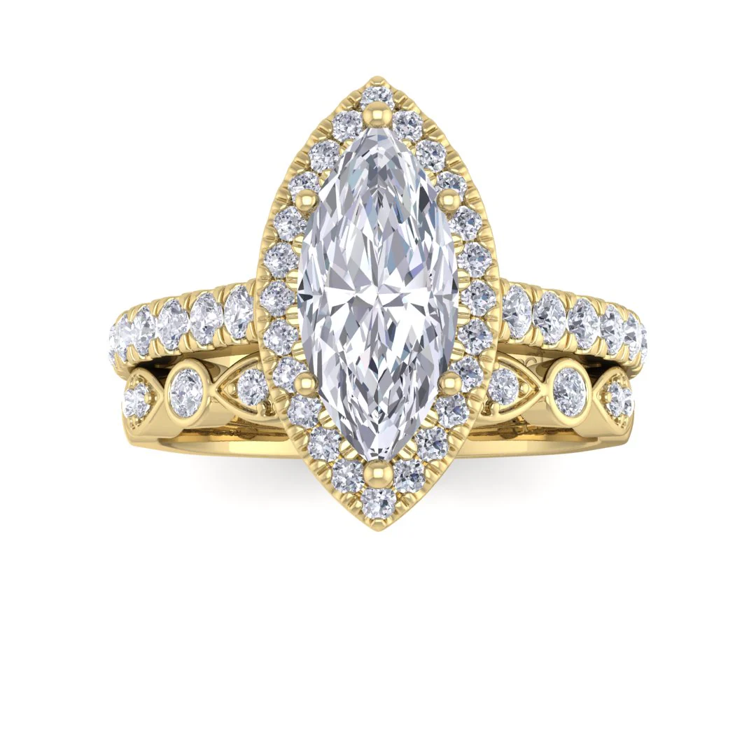18k Yellow Gold 1.5ct Marquise Moissanite Halo Bridal Set 0.5tdw