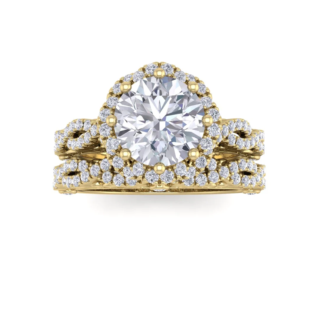18k Yellow Gold 1.5ct Round Brilliant Diamond Flower Halo Bridal Set 2.0tdw