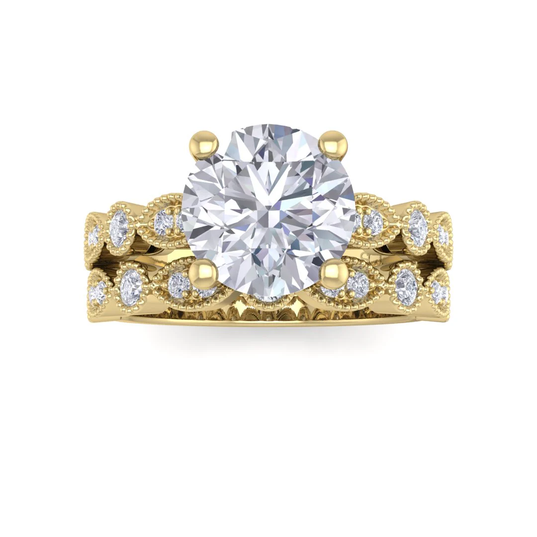18K Yellow Gold Round Brilliant Diamond Milgrain Bridal Set 2.25tdw